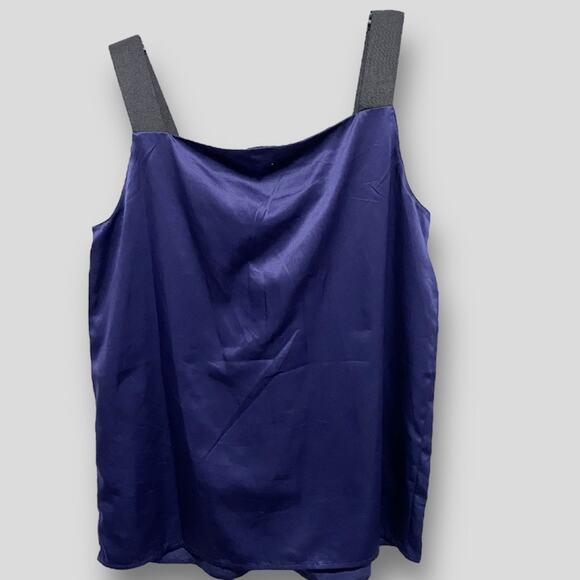 LOFT Navy Blue Satin Tank Top SIZE MEDIUM Black Ribbon Straps Pleated Neckline - Picture 6 of 8